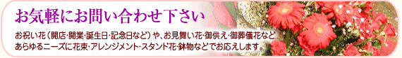 お気軽にお問い合わせ下さい　お祝い花（開店・開業・誕生日・記念日など）や、お見舞い花・御供え・御葬式花など、あらゆるニーズに花束・アレンジメント・スタンド花・鉢物などでお応えします。