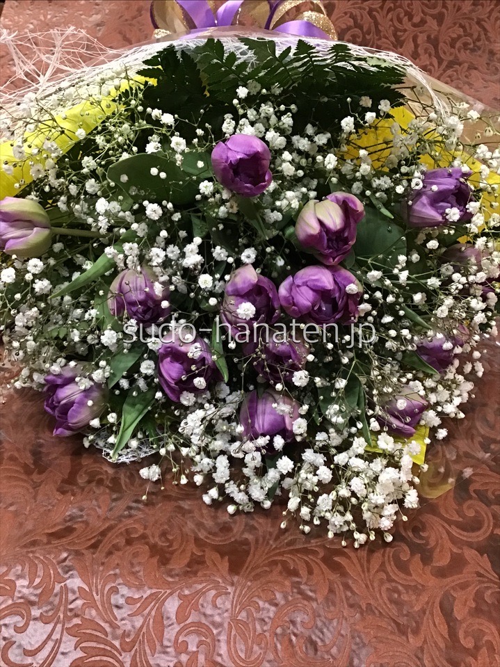 紫色のチューリップとかすみ草の花束